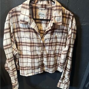Women’s American Eagle Outfitters Brown and Cream Button Down Crop Shirt